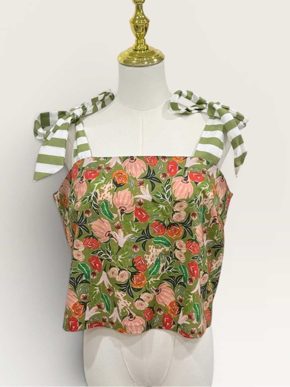BURU X-Large Pillar Sleeveless Shoulder Tie Top Sage Green Floral/Stripe NWT